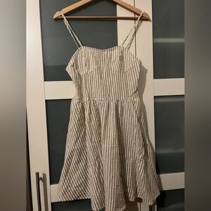 Striped Smocked Spaghetti Strap Dress — Beige & White